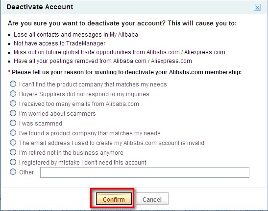 Выбор причины удаления аккаунта покупателя на сайте Aliexpress.com