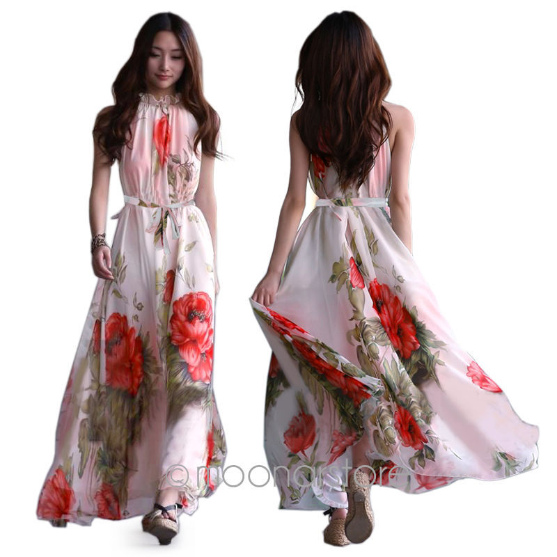 Elegant Women Chiffon Floral Sleeveless Evening Party Beach Maxi Long Dress E1307#M4