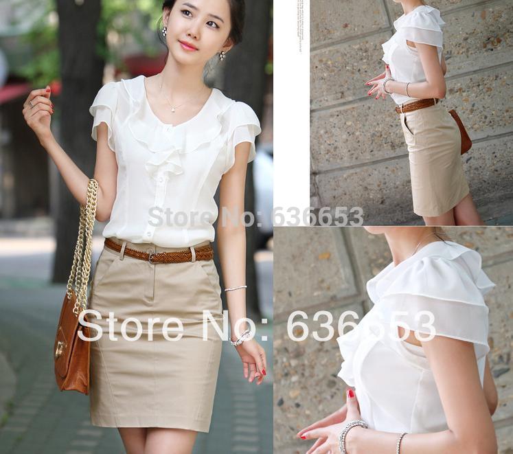 new female body 2014 summer women\'s plus size women white chiffon blouses shirts short-sleeve top ruffle top for women clothing 
