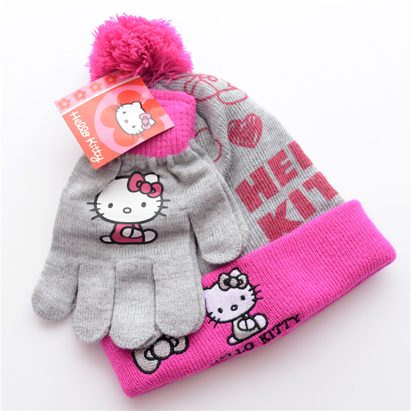 Hot Selling Cute 2PCS Pink Knit Hello Kitty Girls Beanie Hat Gloves Set Winter Warm Mittens Free Shipping #LN